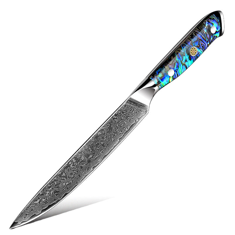 Fyn 5" Damascus Utility Knife with Abalone Shell Handle – Compact Precision with Bold Style