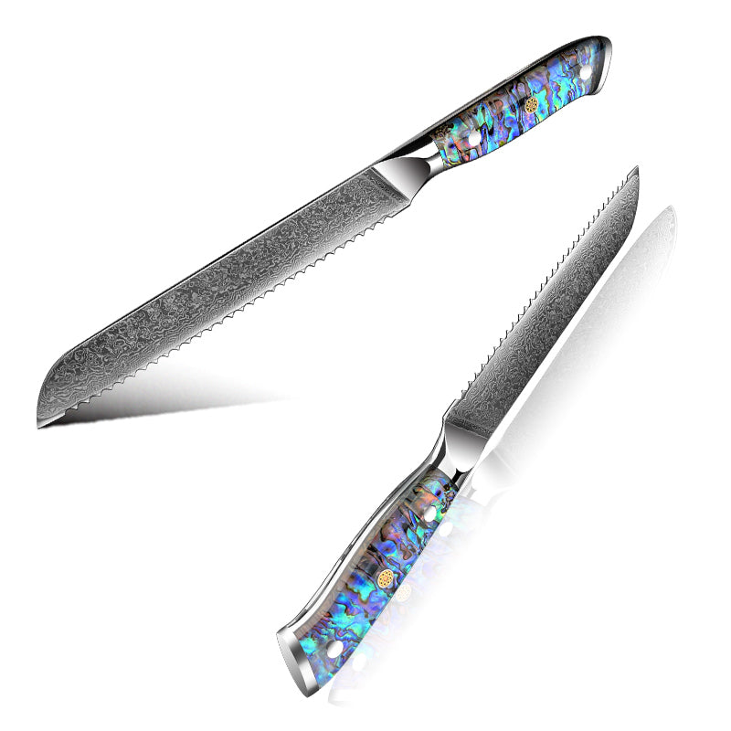 Fyn 8" Damascus Bread Knife with Abalone Shell Handle – Serrated Precision Meets Style