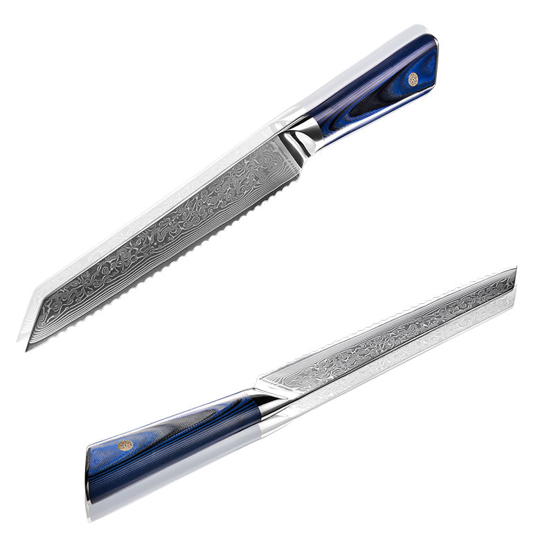Fyn 8" Damascus Bread Knife with Blue G10 Handle – Glide Through Every Slice