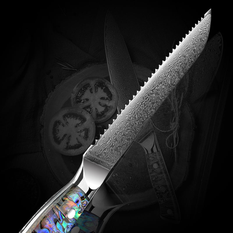Fyn 8" Damascus Bread Knife with Abalone Shell Handle – Serrated Precision Meets Style