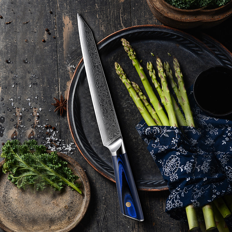 Fyn 8-Piece Damascus Knife Set – Blue G10 Handle with Razor-Sharp 67-Layer Blades