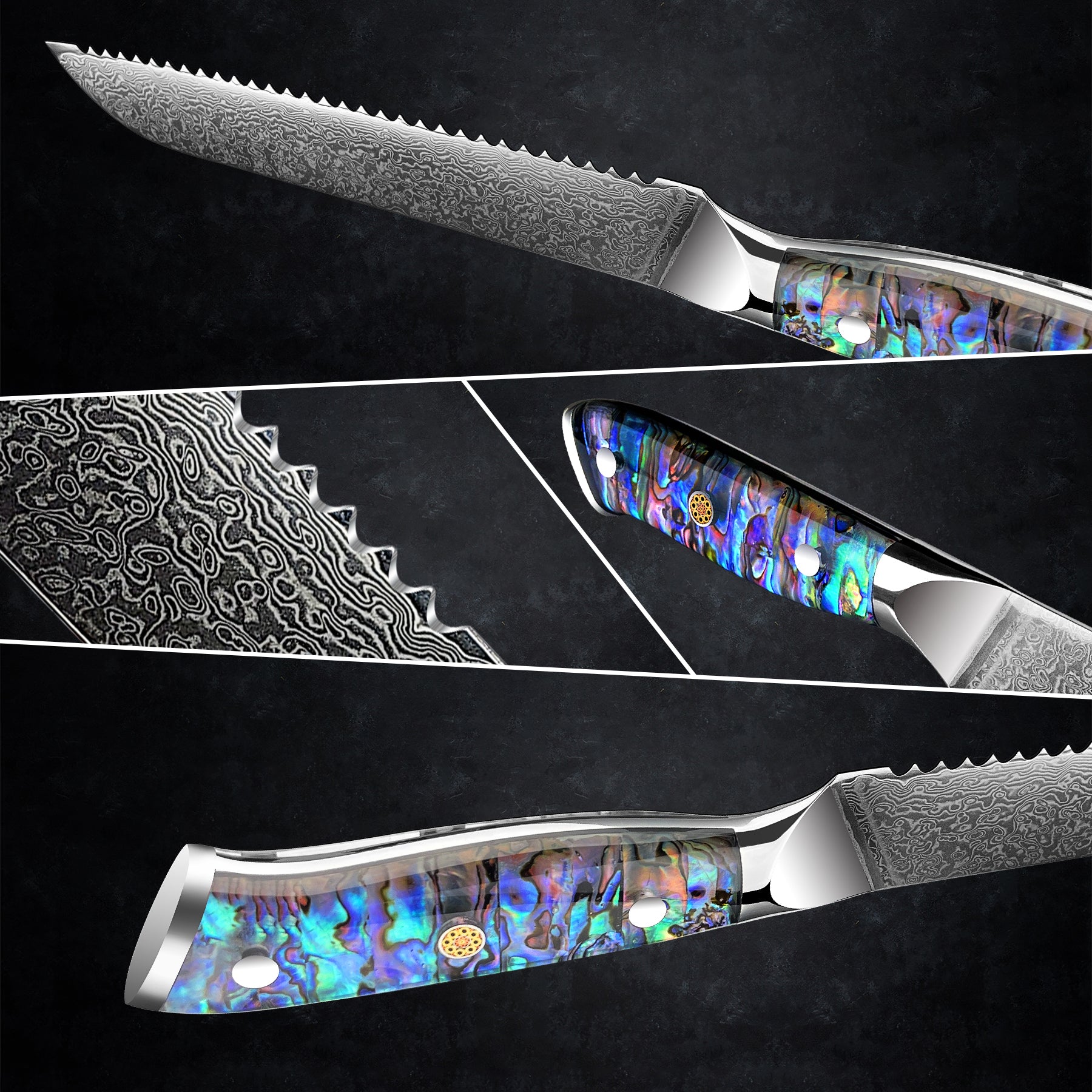 Fyn 8" Damascus Bread Knife with Abalone Shell Handle – Serrated Precision Meets Style