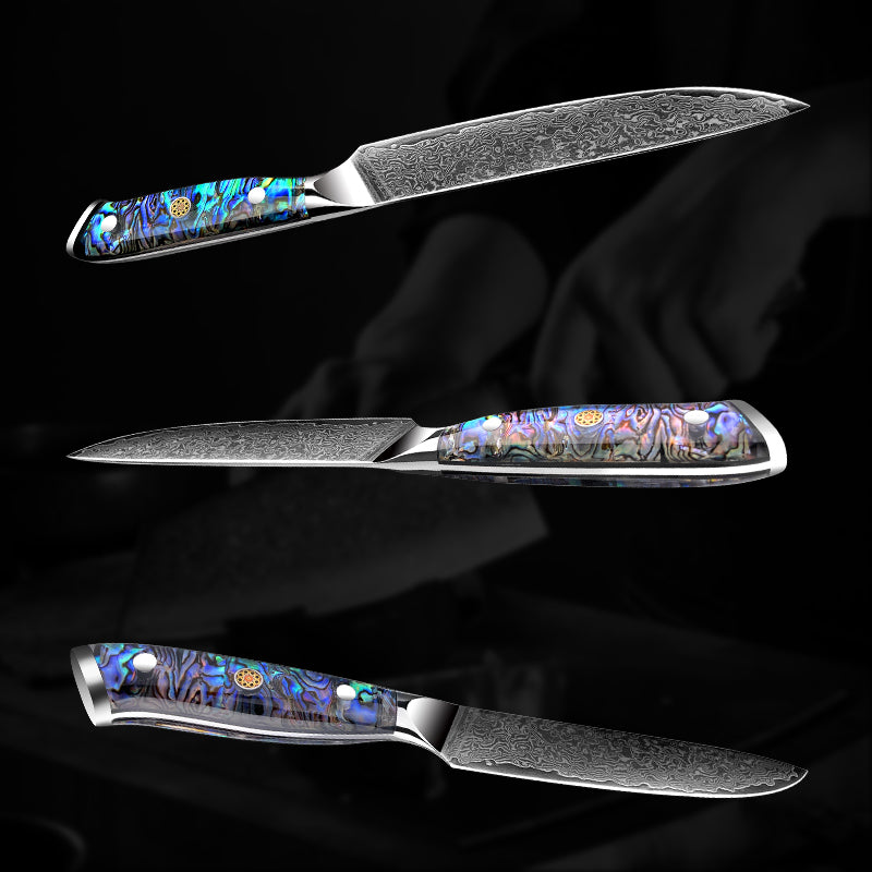 Fyn 5" Damascus Utility Knife with Abalone Shell Handle – Compact Precision with Bold Style