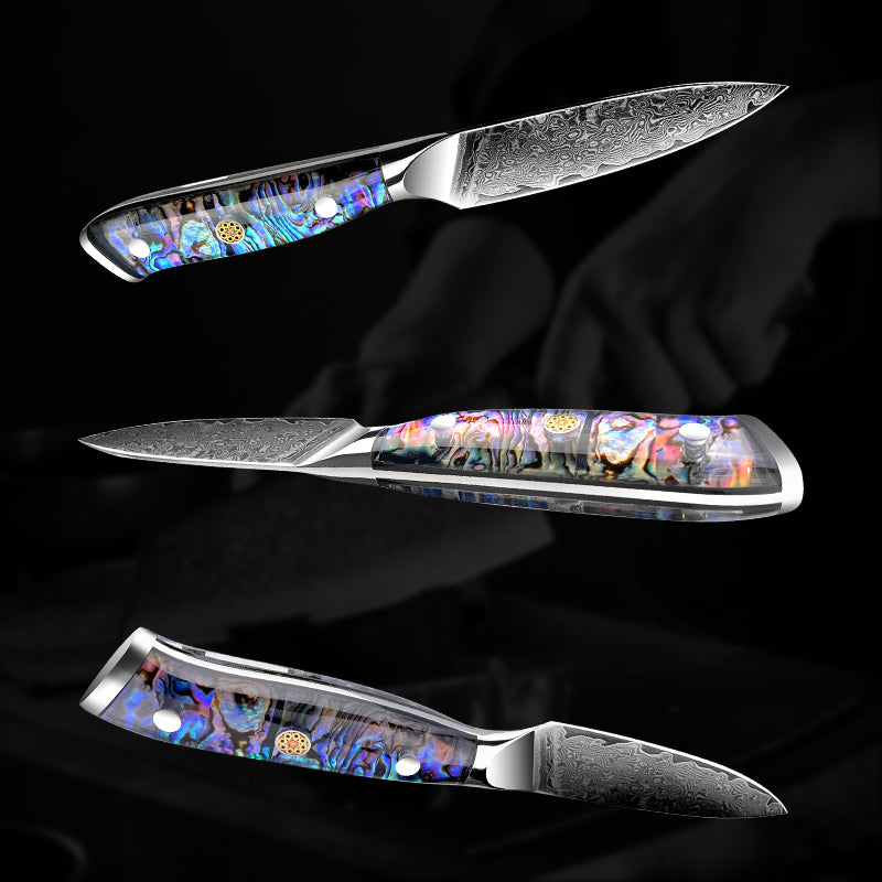 Fyn 3.5" Damascus Paring Knife with Abalone Shell Handle – Precision Control in a Compact Blade