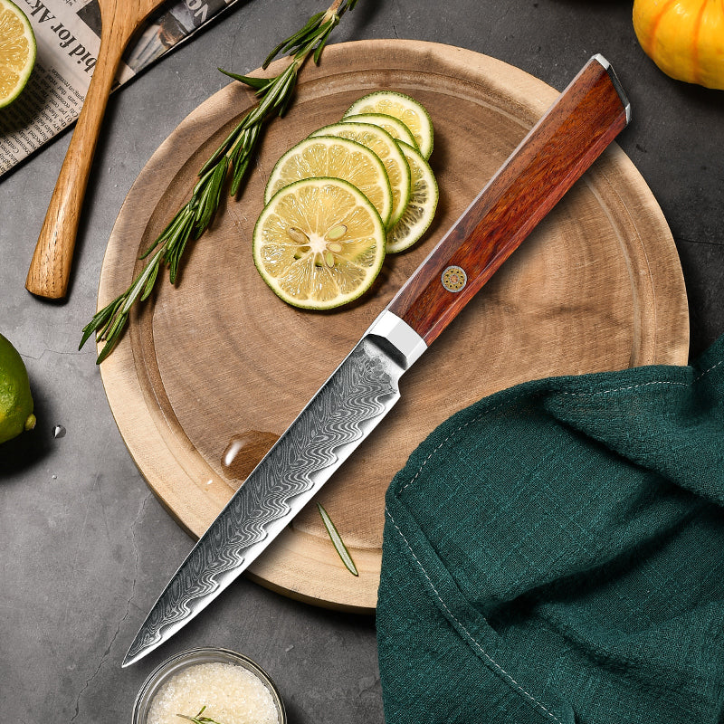 Fyn 5" Damascus Utility Knife – Everyday Precision with Rosewood Craftsmanship