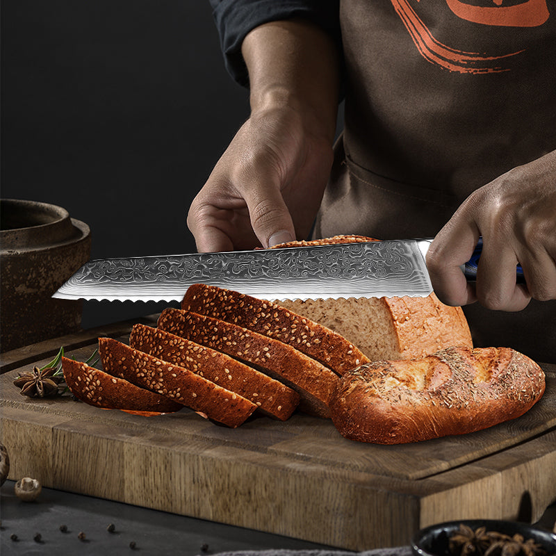 Fyn 8" Damascus Bread Knife with Blue G10 Handle – Glide Through Every Slice