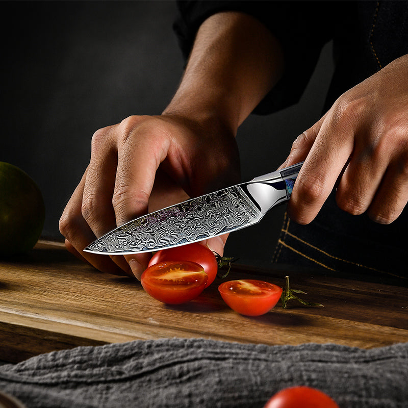 Fyn 3.5" Damascus Paring Knife with Abalone Shell Handle – Precision Control in a Compact Blade