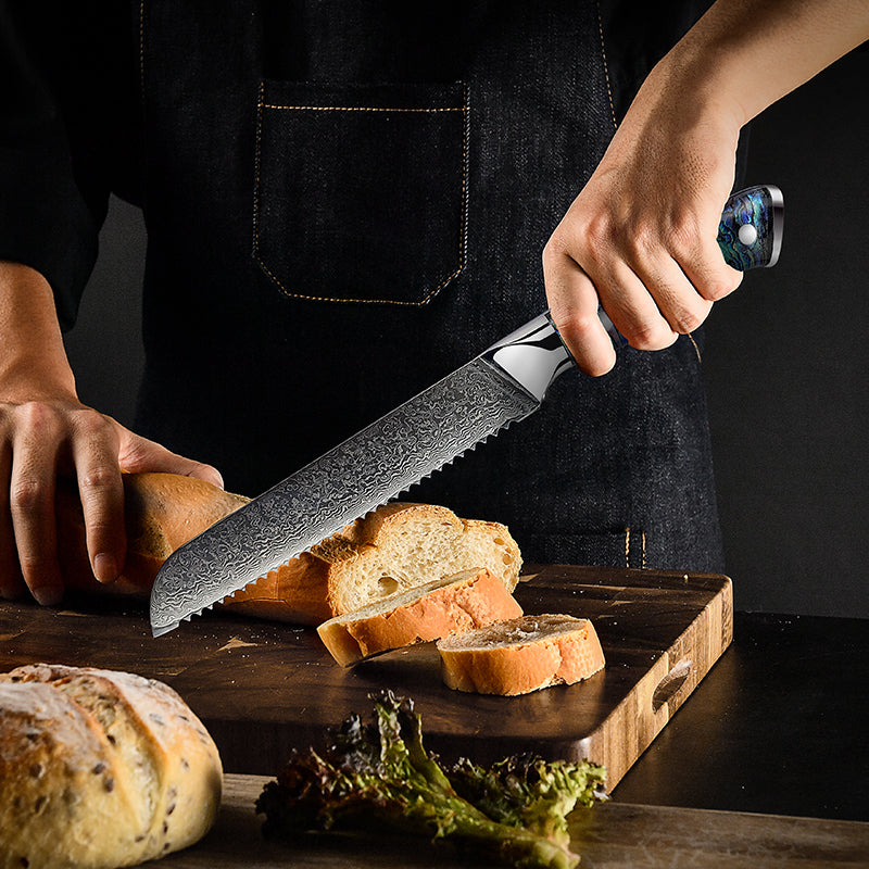 Fyn 8" Damascus Bread Knife with Abalone Shell Handle – Serrated Precision Meets Style