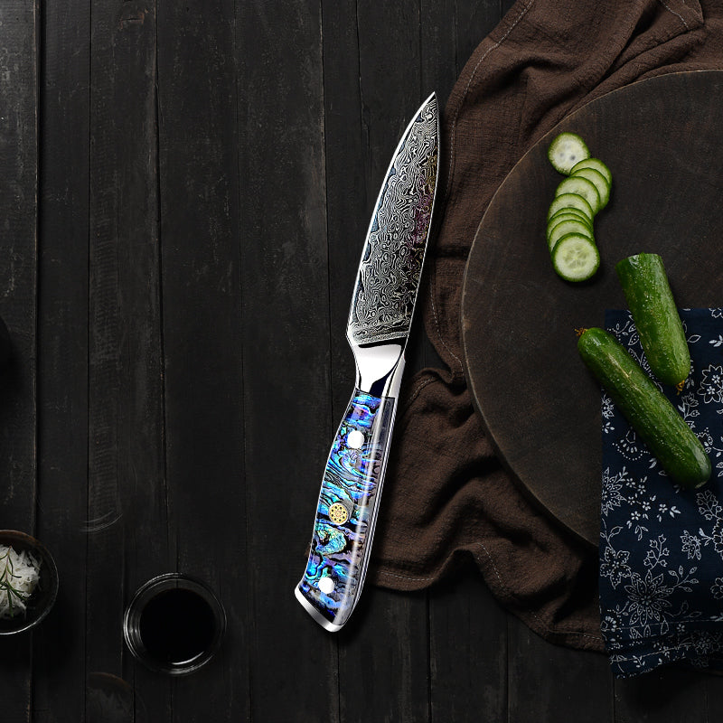 Fyn 3.5" Damascus Paring Knife with Abalone Shell Handle – Precision Control in a Compact Blade