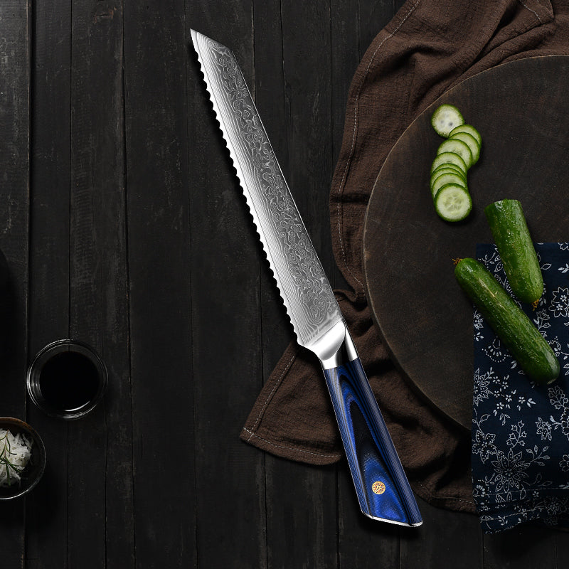Fyn 8" Damascus Bread Knife with Blue G10 Handle – Glide Through Every Slice