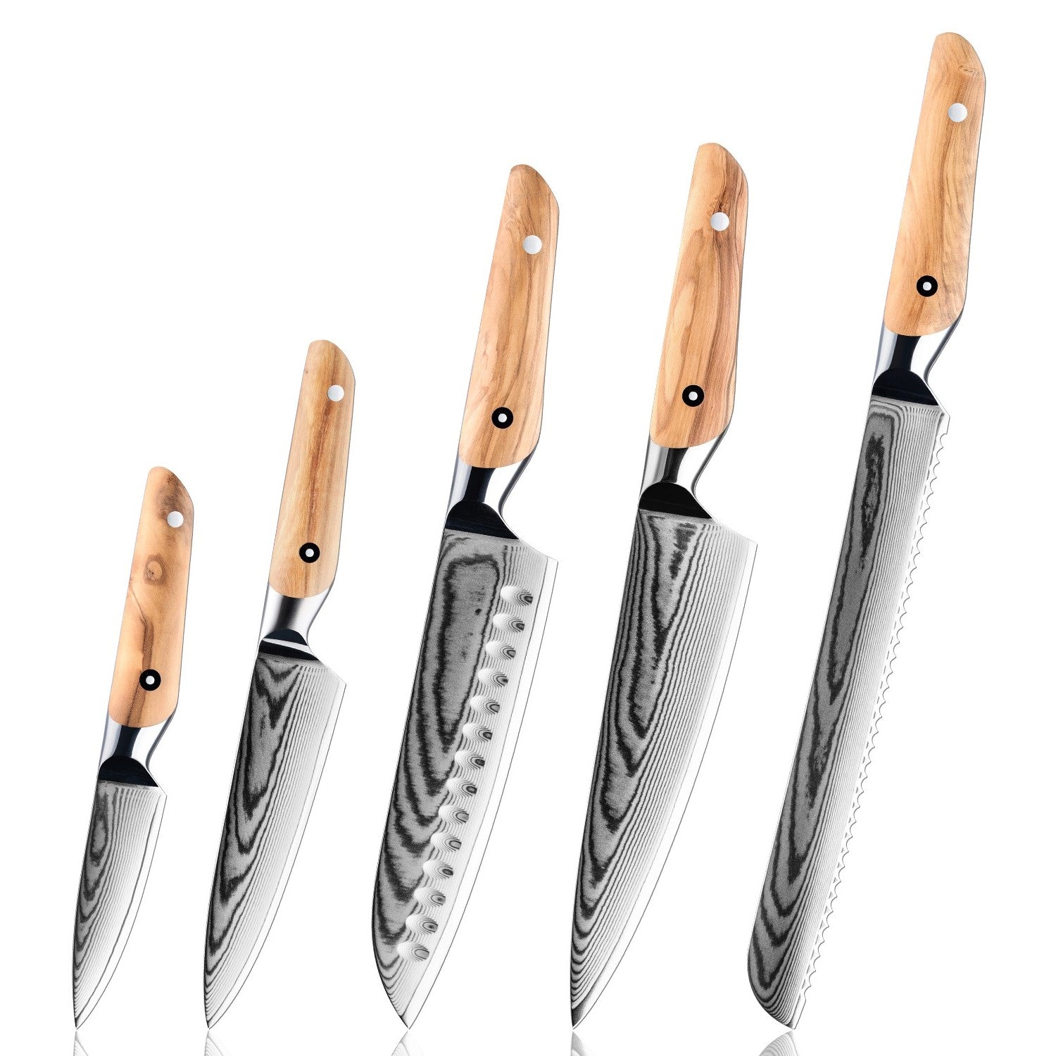 Fyn 5-Piece Damascus Knife Set – Complete Chef’s Collection with Olive Wood Handles