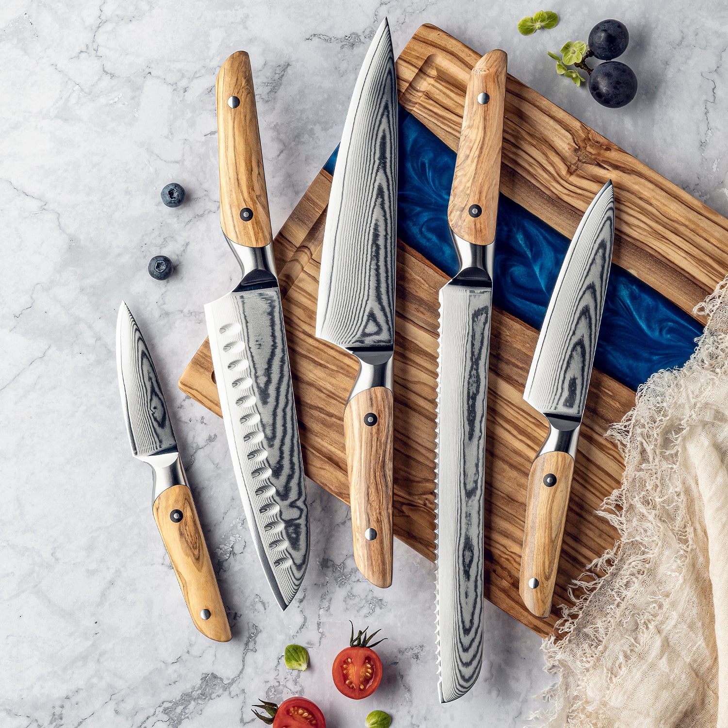 Fyn 5-Piece Damascus Knife Set – Complete Chef’s Collection with Olive Wood Handles