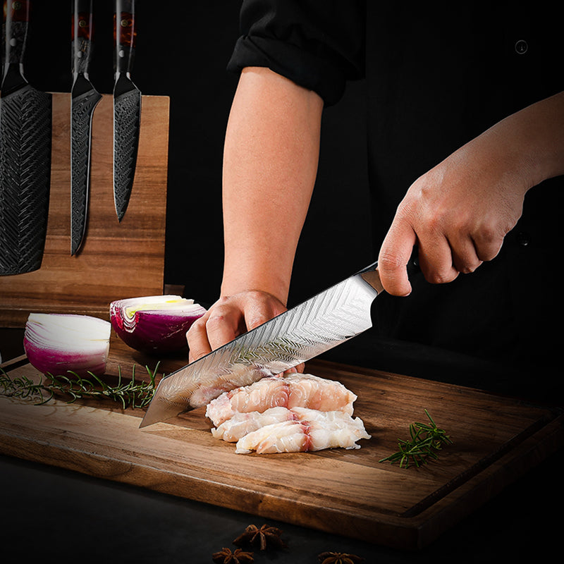 Fyn 8-Piece Damascus Knife Set – Solidified Wood & Resin Handles, Pro Precision