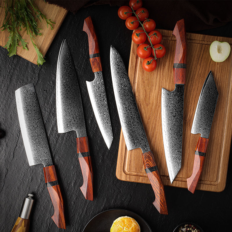 Fyn 6-Piece Damascus Knife Set – Sandalwood Handle with 10Cr15CoMov Steel Blades