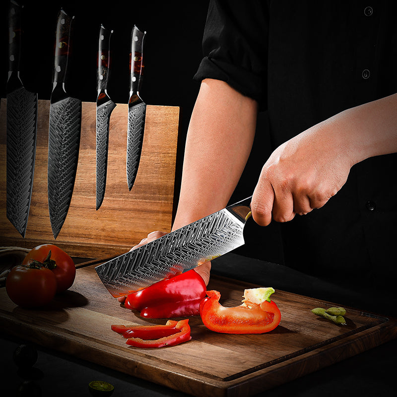 Fyn 8-Piece Damascus Knife Set – Solidified Wood & Resin Handles, Pro Precision