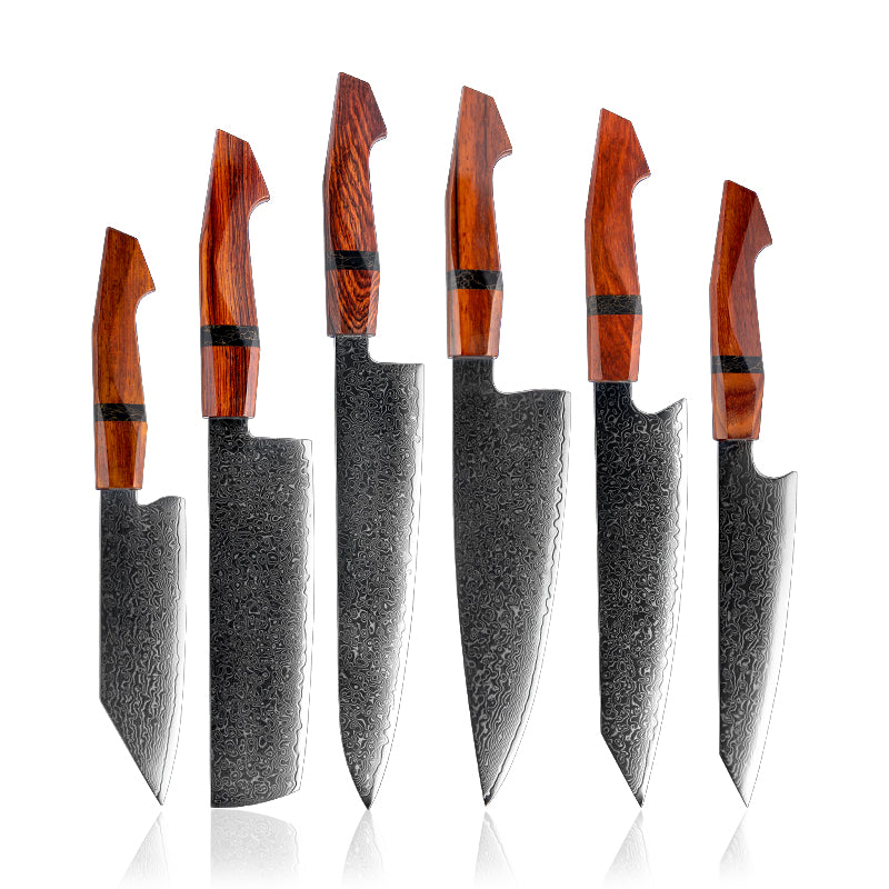 Fyn 6-Piece Damascus Knife Set – Sandalwood Handle with 10Cr15CoMov Steel Blades
