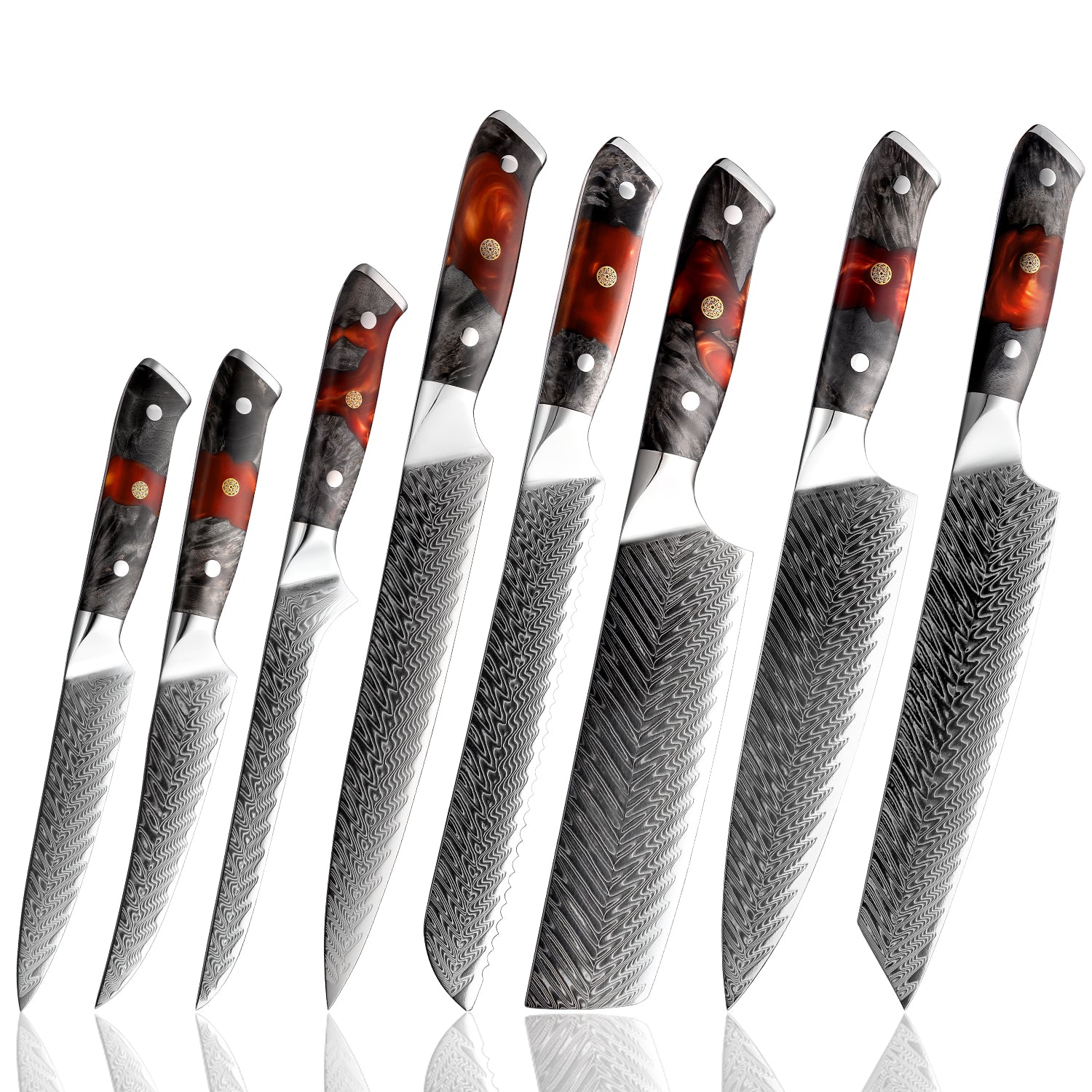 Fyn 8-Piece Damascus Knife Set – Solidified Wood & Resin Handles, Pro Precision