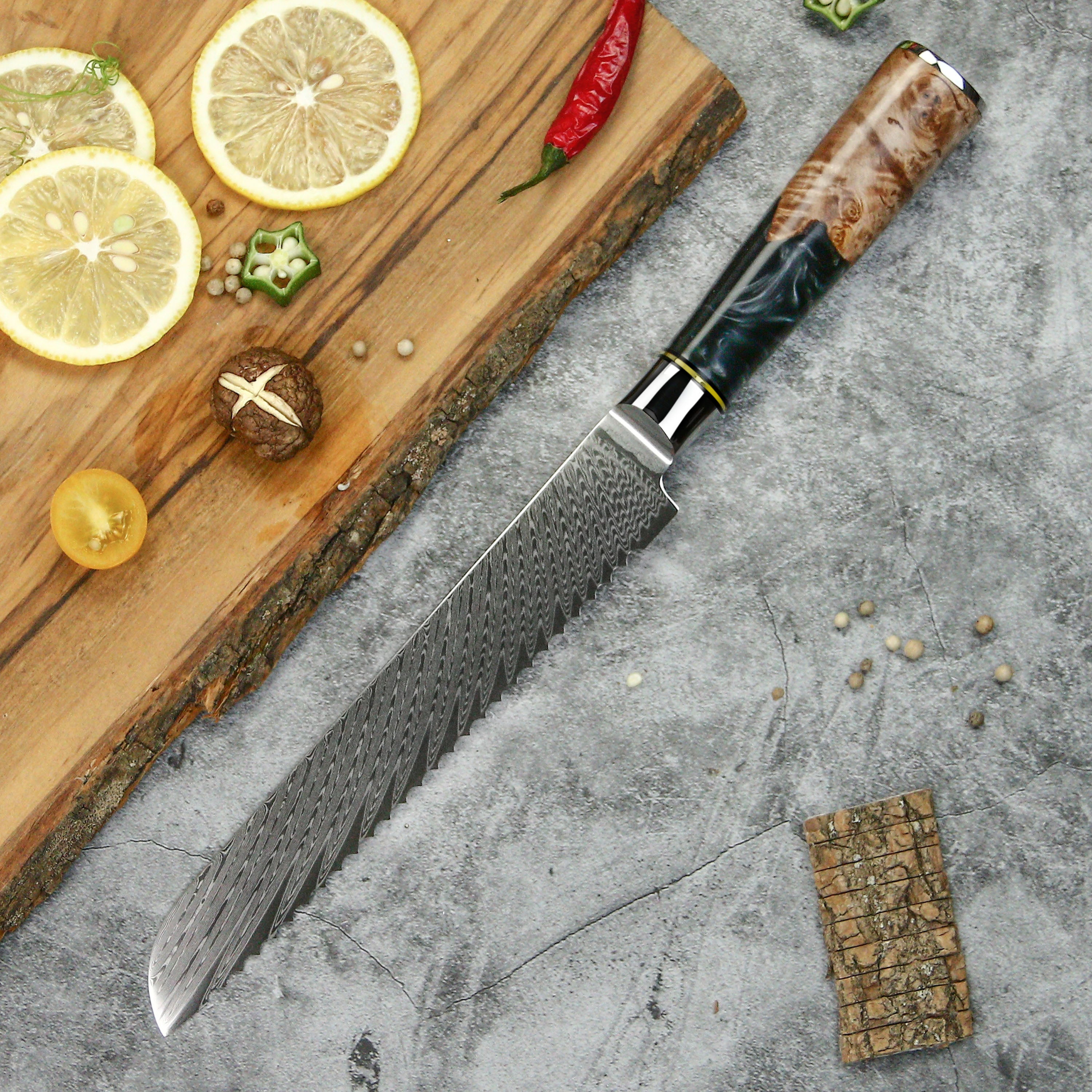bread knife with black resin handle