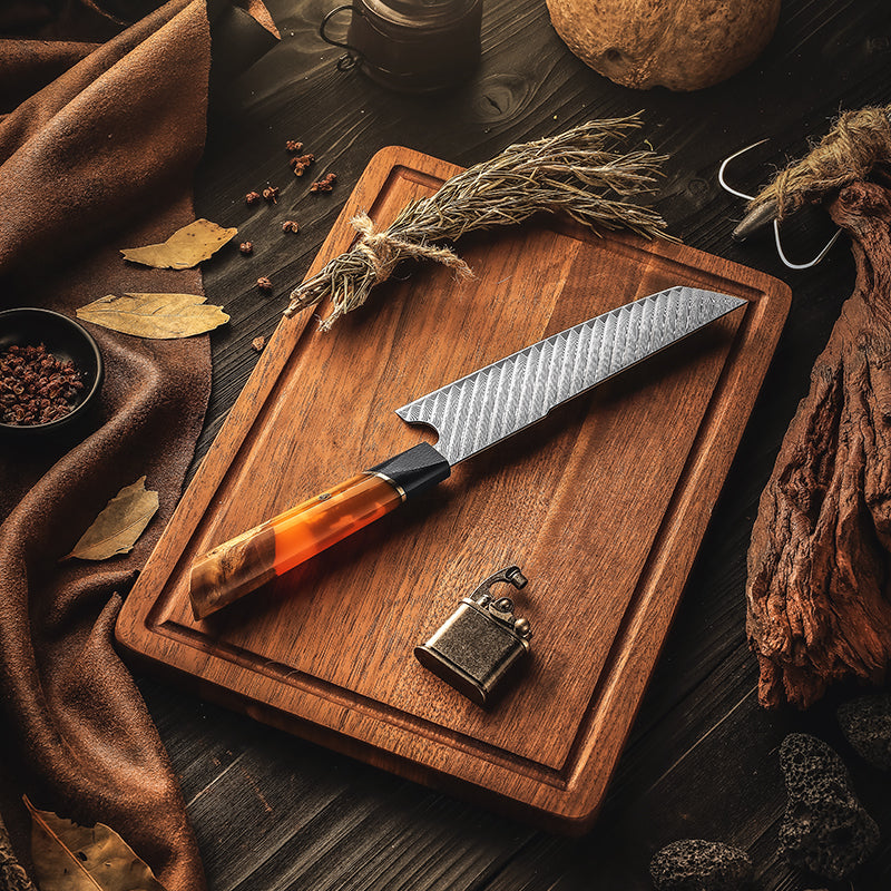 Fyn 5-Piece Acid-Finished Damascus Knife Set – Purple & Orange G10 Resin Handles