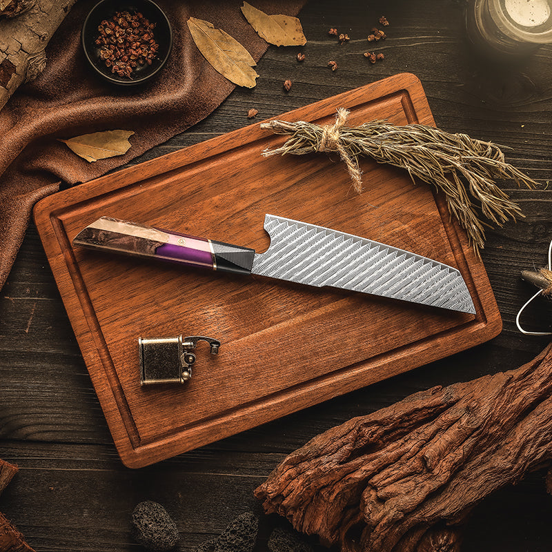 Fyn 5-Piece Acid-Finished Damascus Knife Set – Purple & Orange G10 Resin Handles