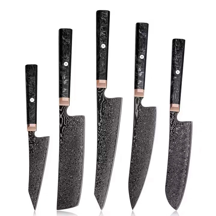 Fyn 5-Piece Damascus Steel Knife Set with Copper and Carbon Fiber Handles