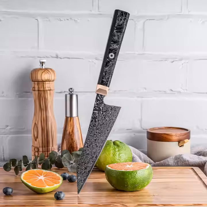 Fyn 5.5" Damascus Bunka Knife – Compact Precision with Copper & Carbon Fiber Handle