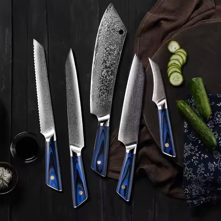 Fyn 8-Piece Damascus Knife Set – Blue G10 Handle with Razor-Sharp 67-Layer Blades