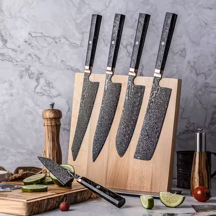 Fyn 5-Piece Damascus Steel Knife Set with Copper and Carbon Fiber Handles