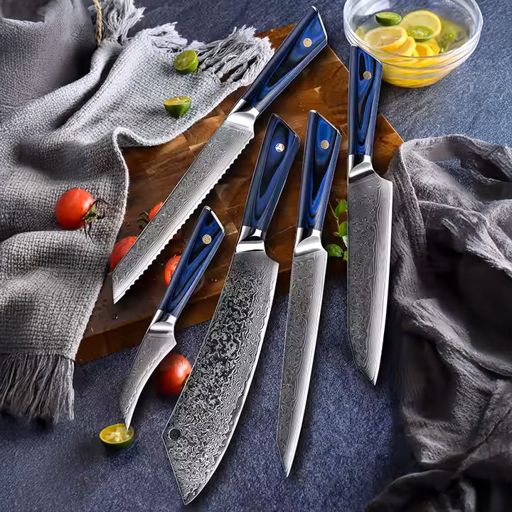 Fyn 8-Piece Damascus Knife Set – Blue G10 Handle with Razor-Sharp 67-Layer Blades