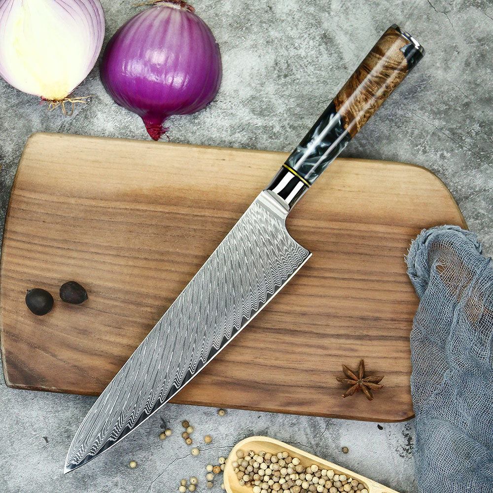 8" Damascus Chef Knife – Black & Blue Resin Burl Wood Handle