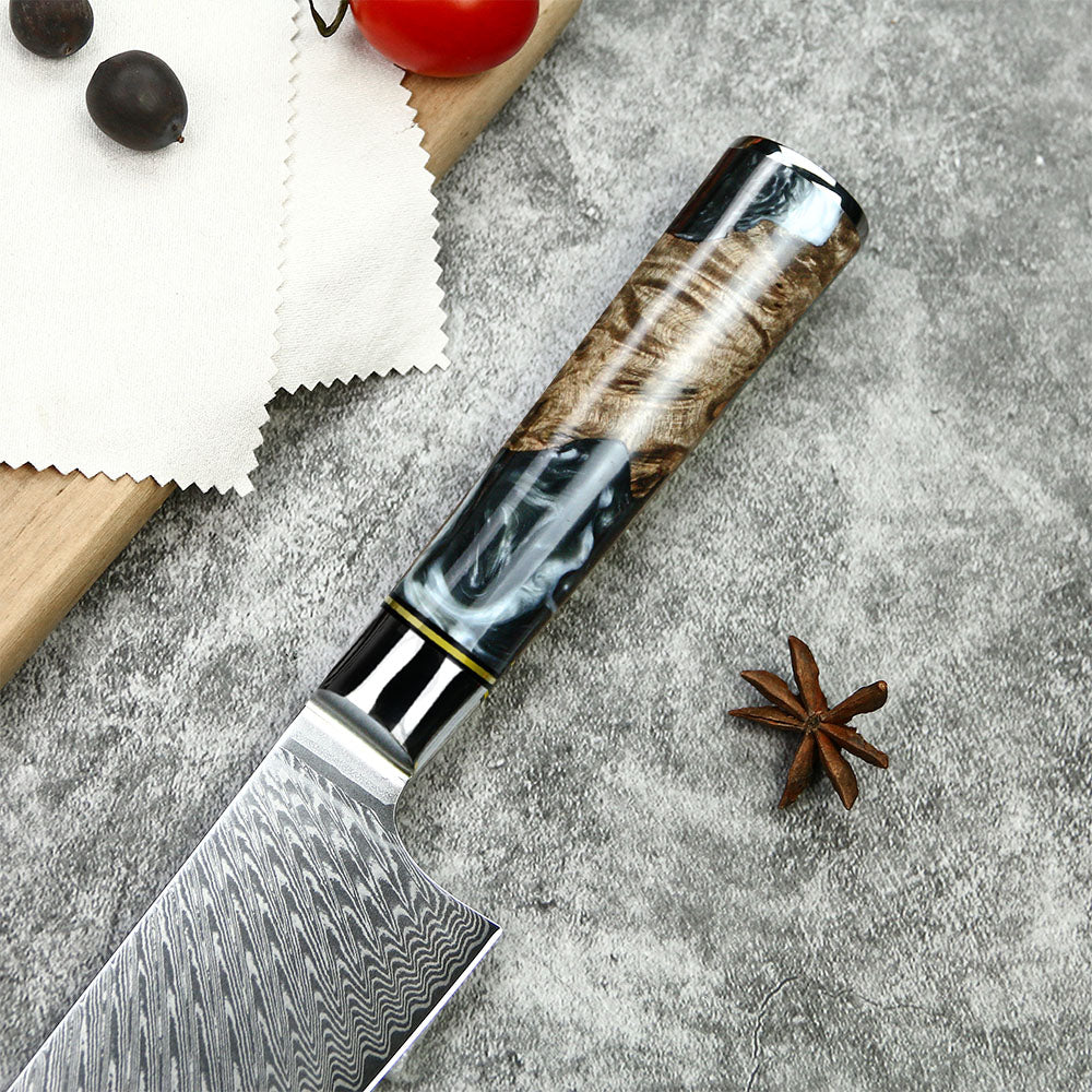 8" Damascus Chef Knife – Black & Blue Resin Burl Wood Handle