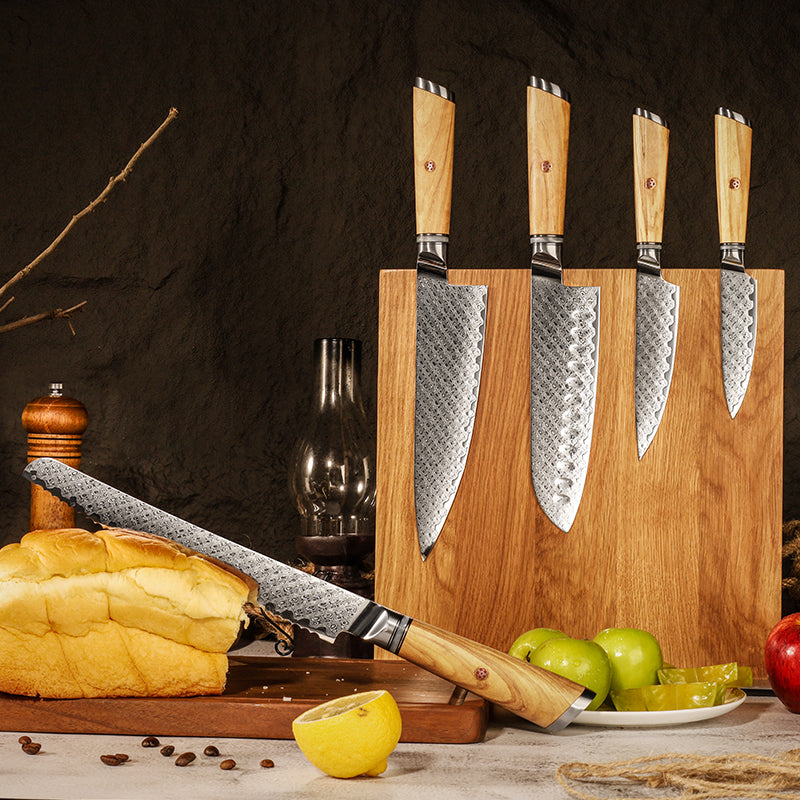Fyn 5-Piece Damascus Knife Set – Resin & Olive Wood Handles with Razor-Sharp Blades