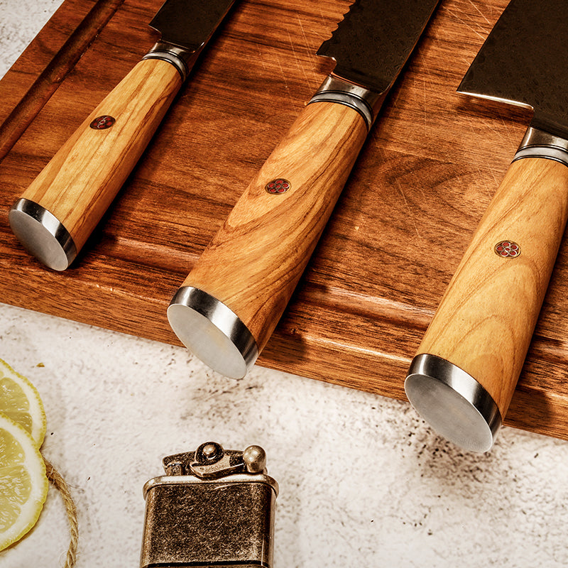 Fyn 5-Piece Damascus Knife Set – Resin & Olive Wood Handles with Razor-Sharp Blades