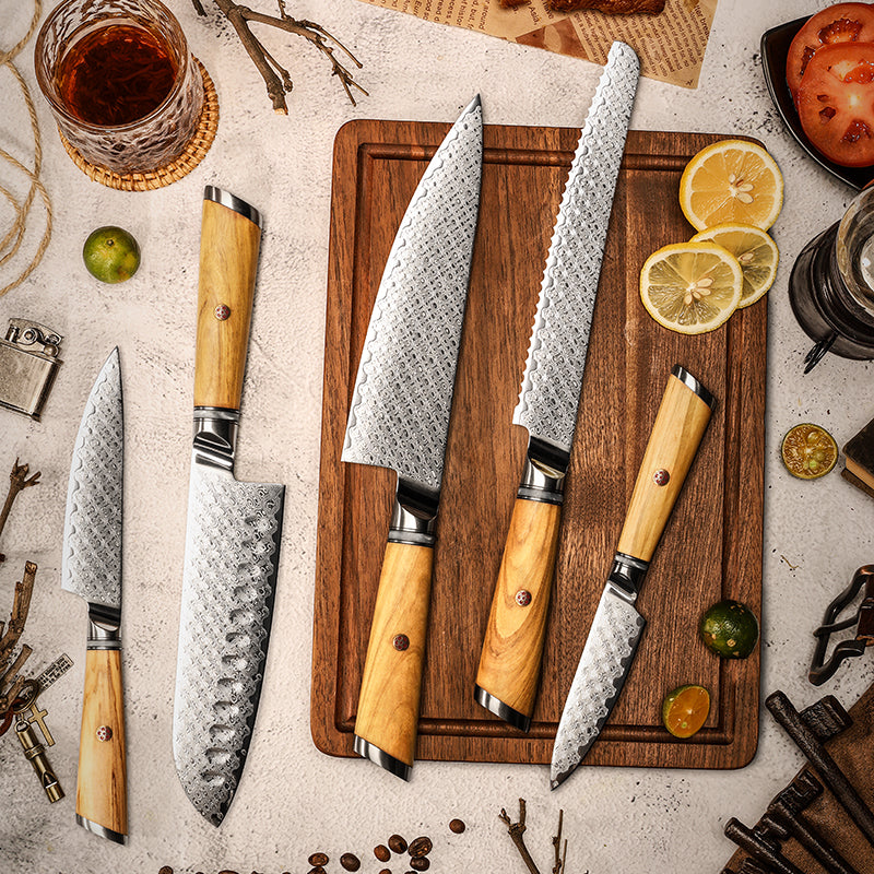Fyn 5-Piece Damascus Knife Set – Resin & Olive Wood Handles with Razor-Sharp Blades