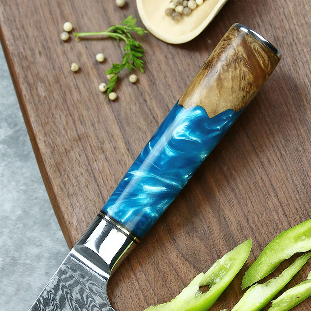 8" Damascus Chef Knife – Black & Blue Resin Burl Wood Handle