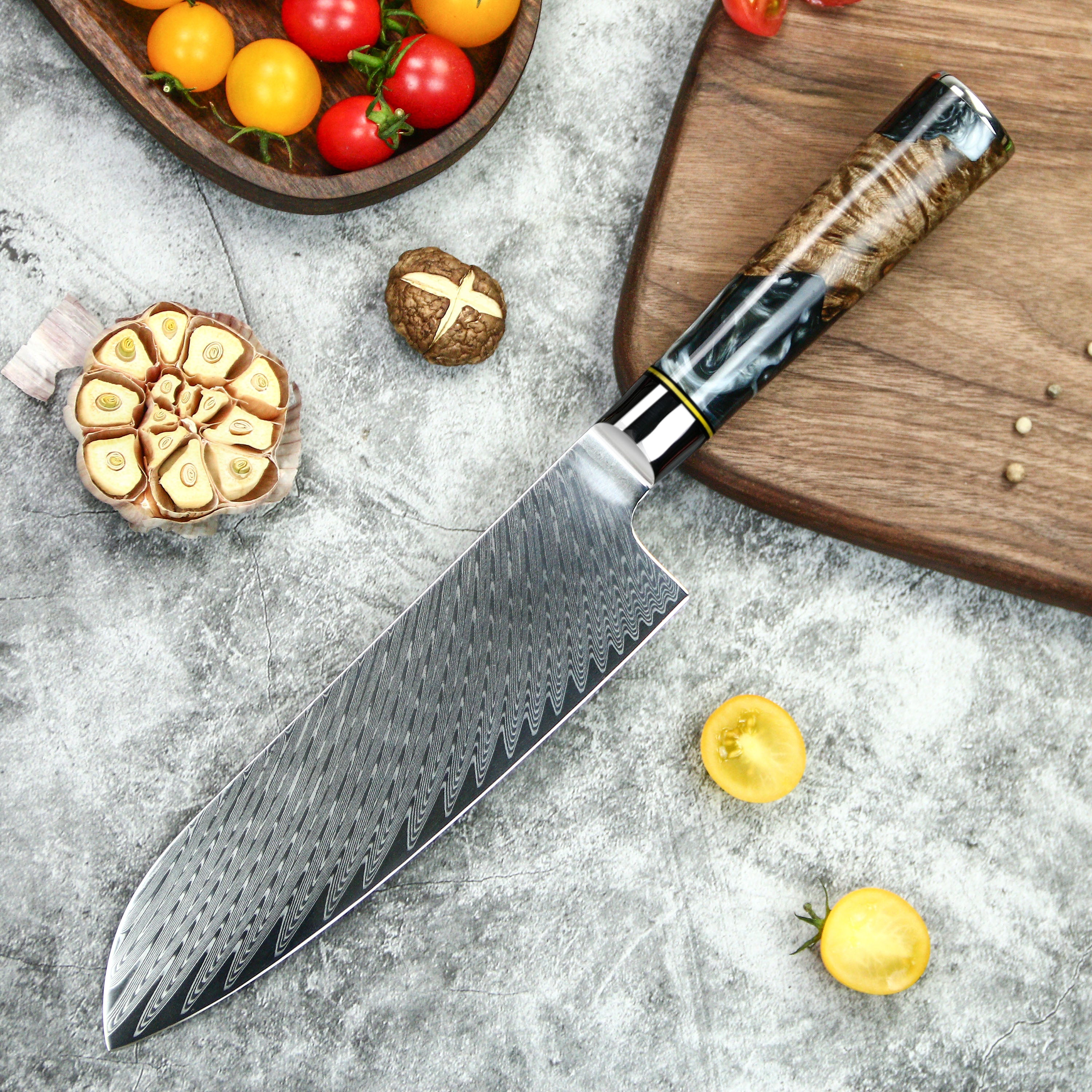7 Inch Santoku Knife – 67-Layer Damascus Steel with Black & Blue Handle
