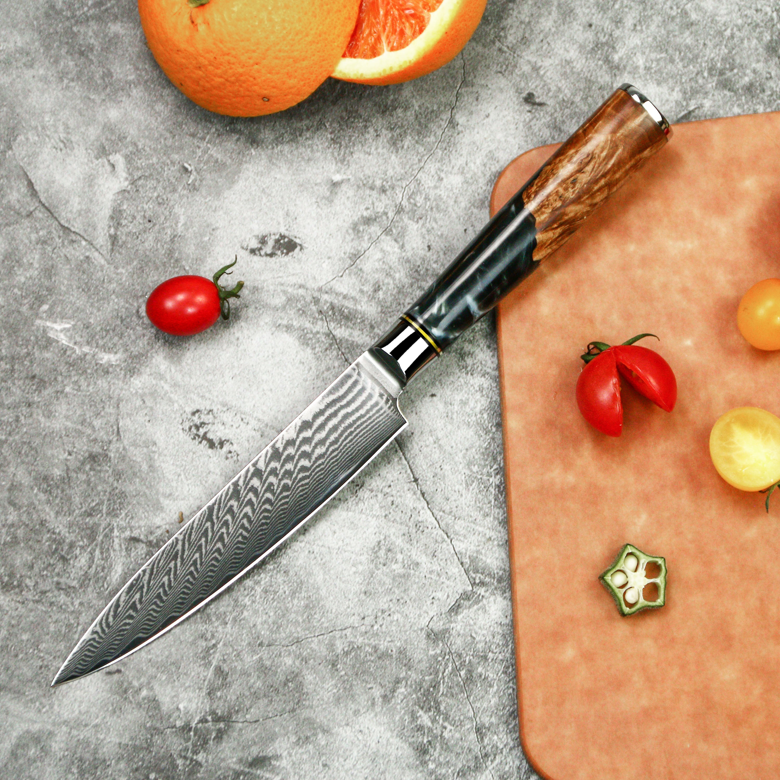 Custom Utility Knife with Damascus Steel & Blue Black Resin Handle
