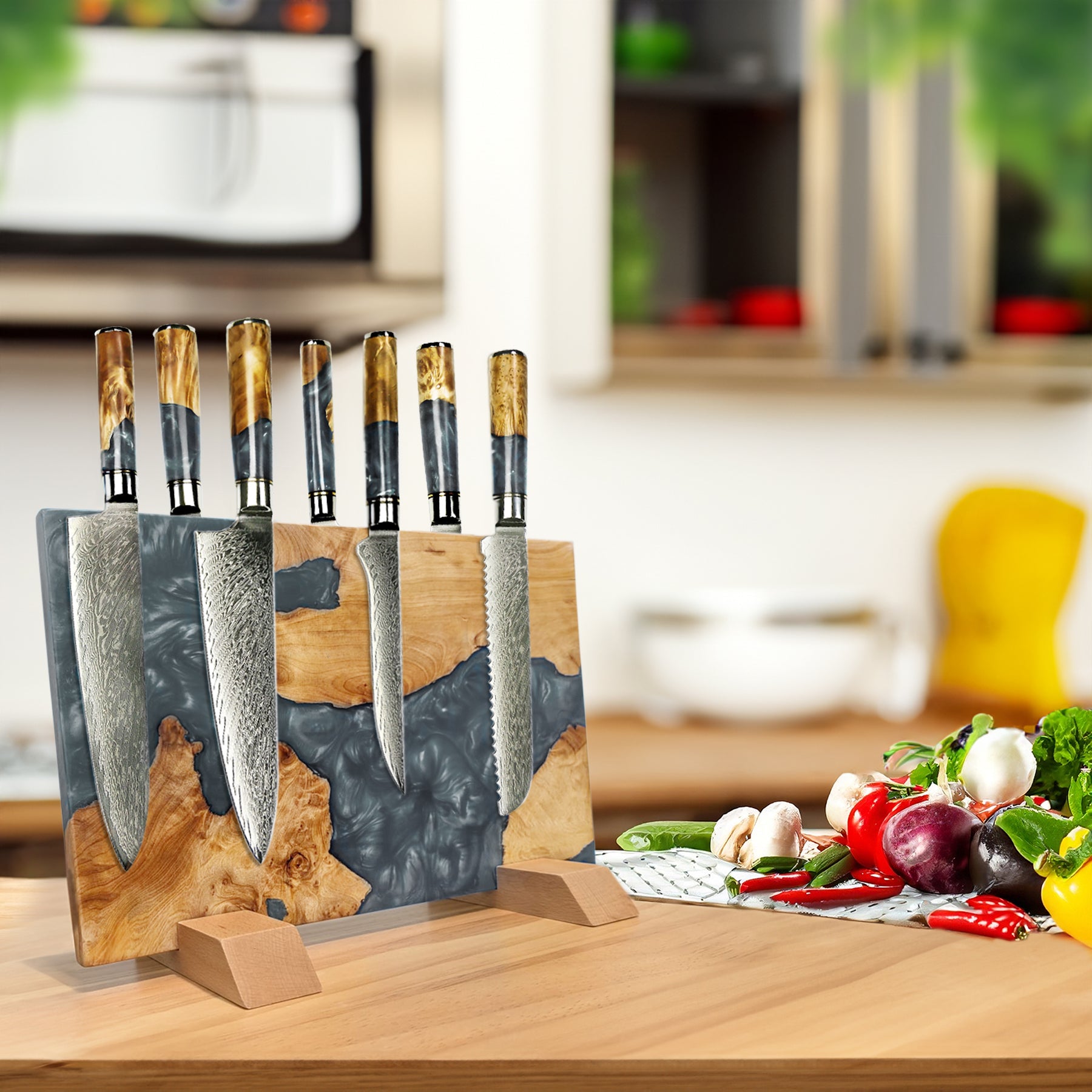 Black Knife Set – 7 Piece Damascus Steel Kitchen Knife Set with Epoxy Resin Black Handles