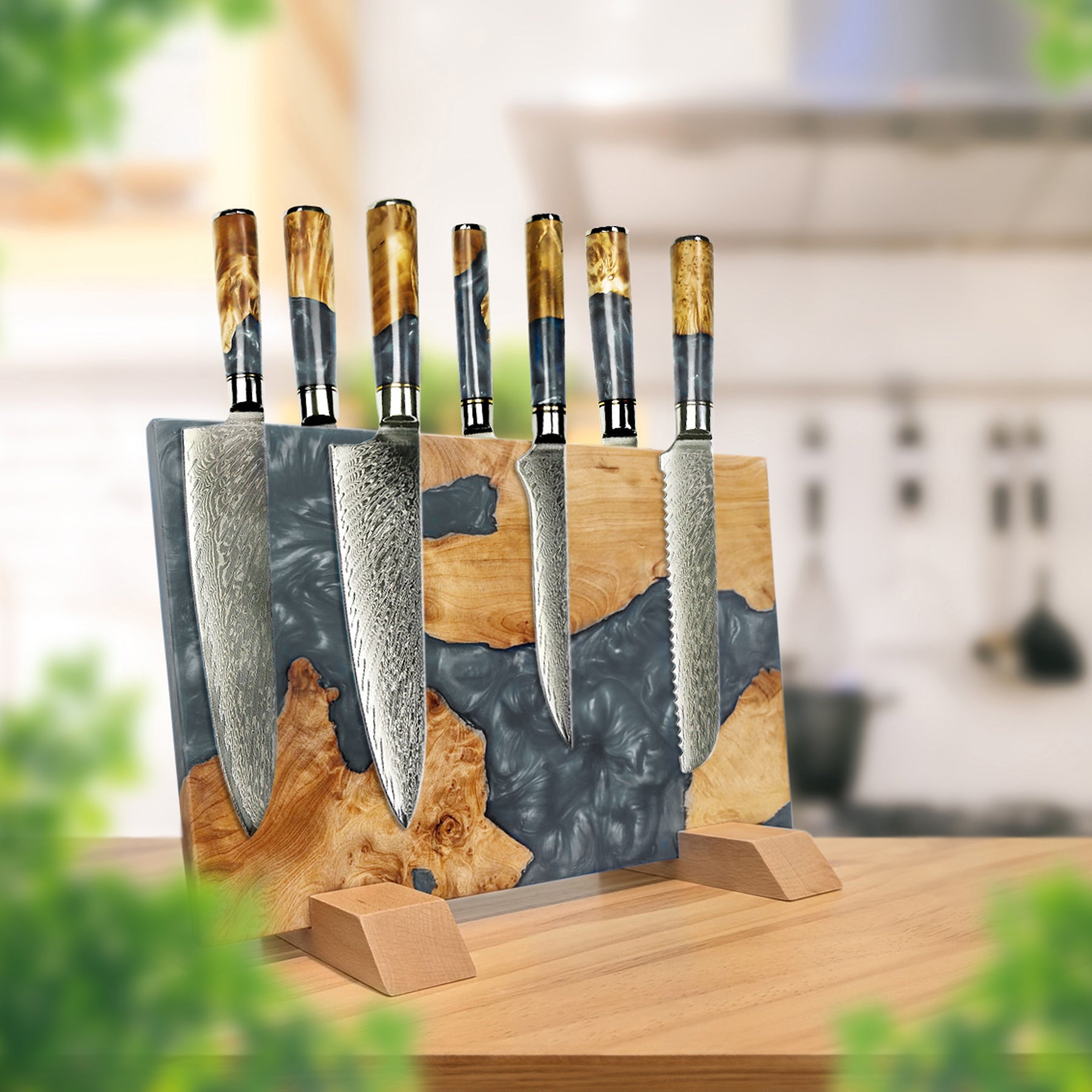 Black Knife Set – 7 Piece Damascus Steel Kitchen Knife Set with Epoxy Resin Black Handles
