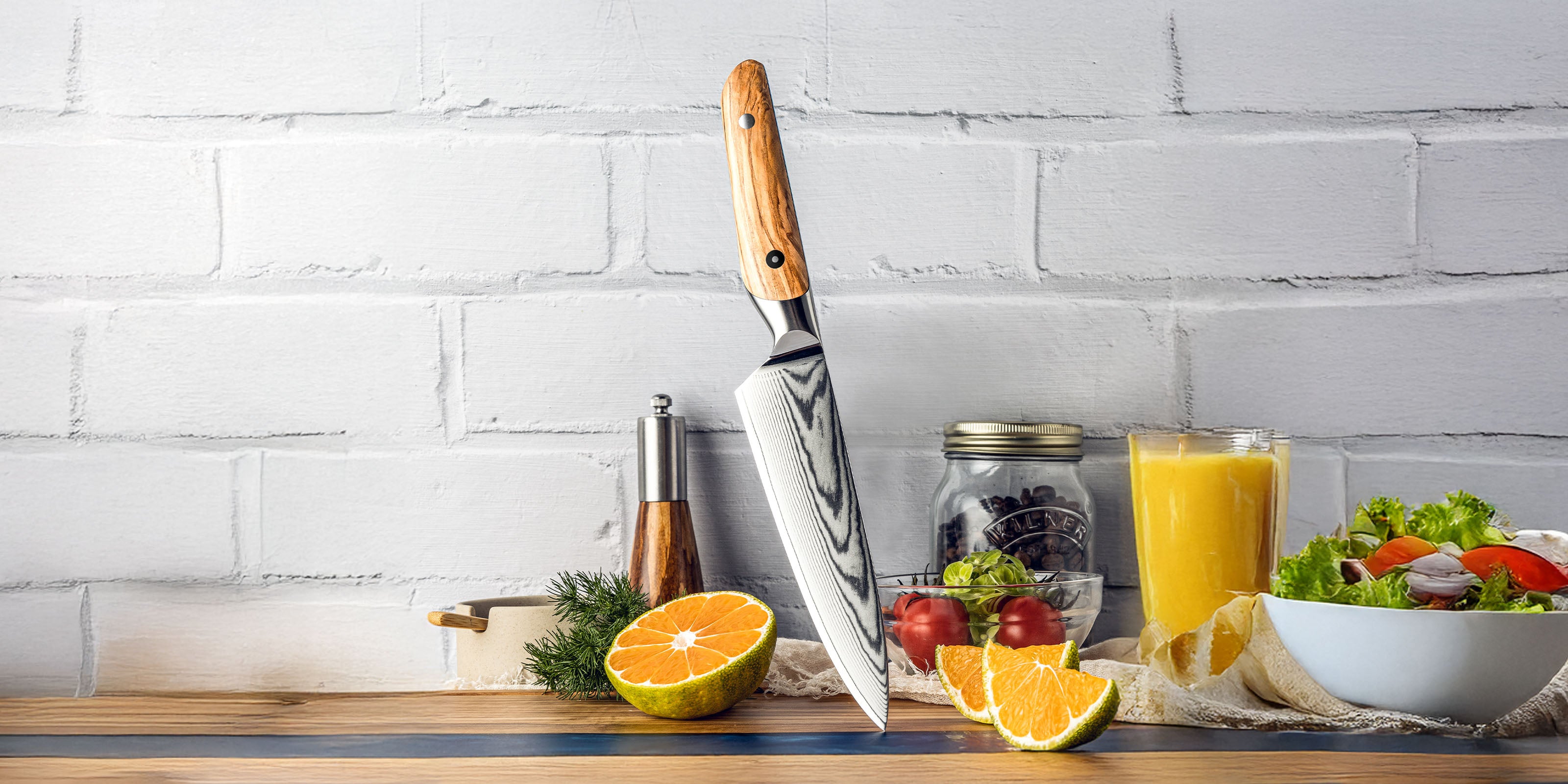 Damascus Utility Knife with Wooden Handle on Epoxy Resin Cutting Board in Modern Kitchen Setting