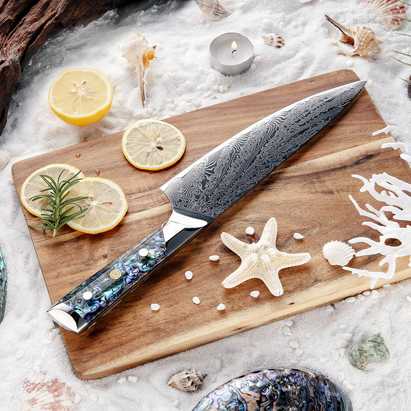 Fyn 8" Damascus Steel Chef Knife with Abalone Shell Handle