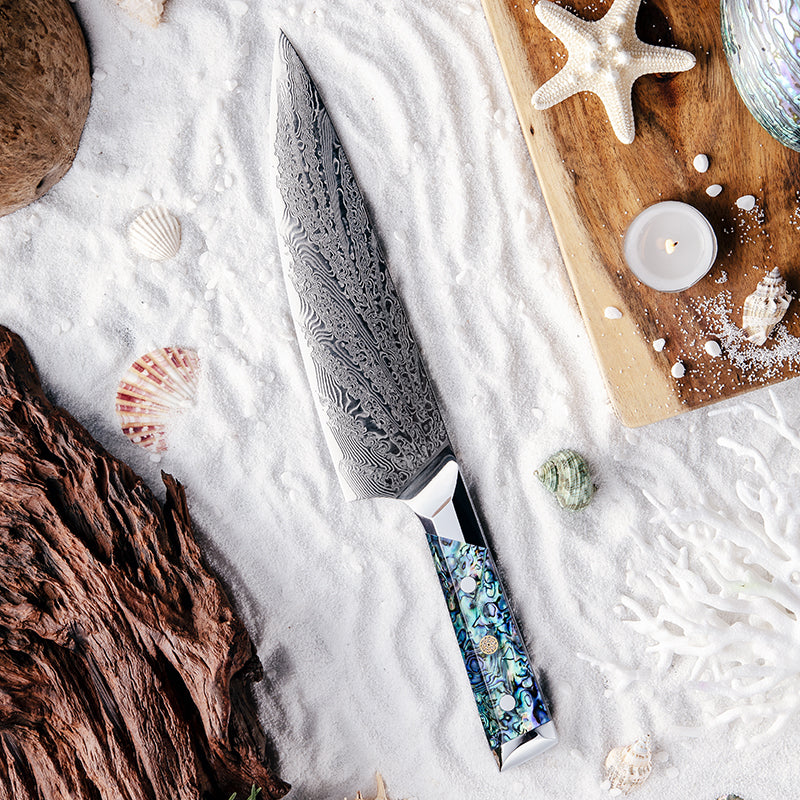 Fyn 8" Damascus Steel Chef Knife with Abalone Shell Handle