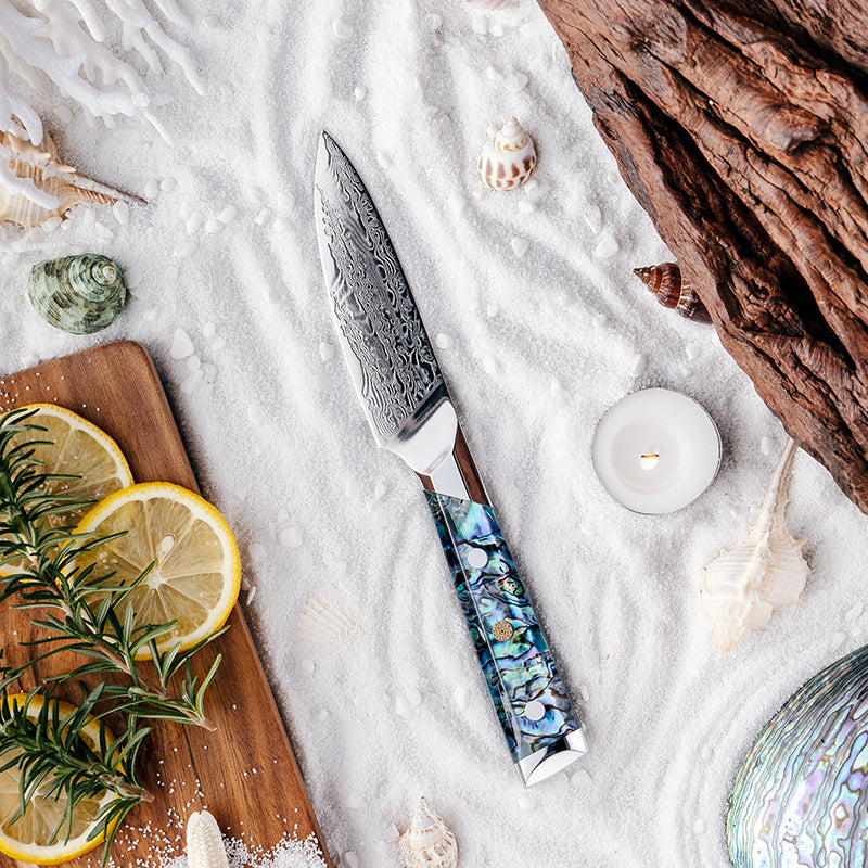Fyn 3.5" Damascus Paring Knife with Abalone Shell Handle