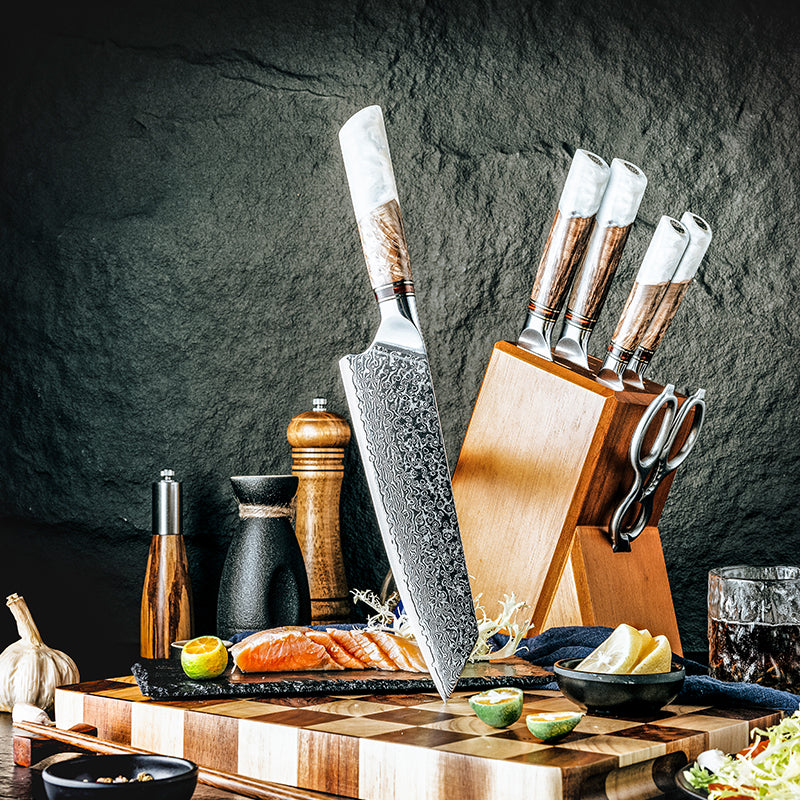 Fyn 8" Kiritsuke Knife – Carbon Damascus Steel with White Resin & Solidified Wood Handle