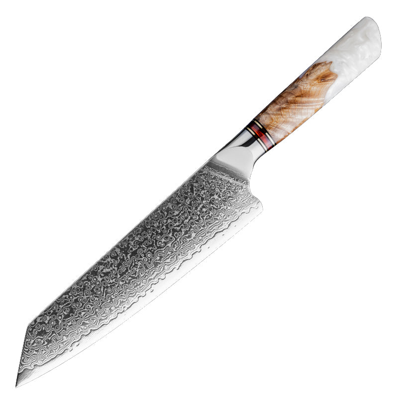 Fyn 8" Kiritsuke Knife – Carbon Damascus Steel with White Resin & Solidified Wood Handle