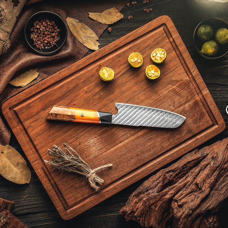 Fyn 5" Santoku Knife – Compact Damascus Blade with G10 & Stabilized Wood Handle