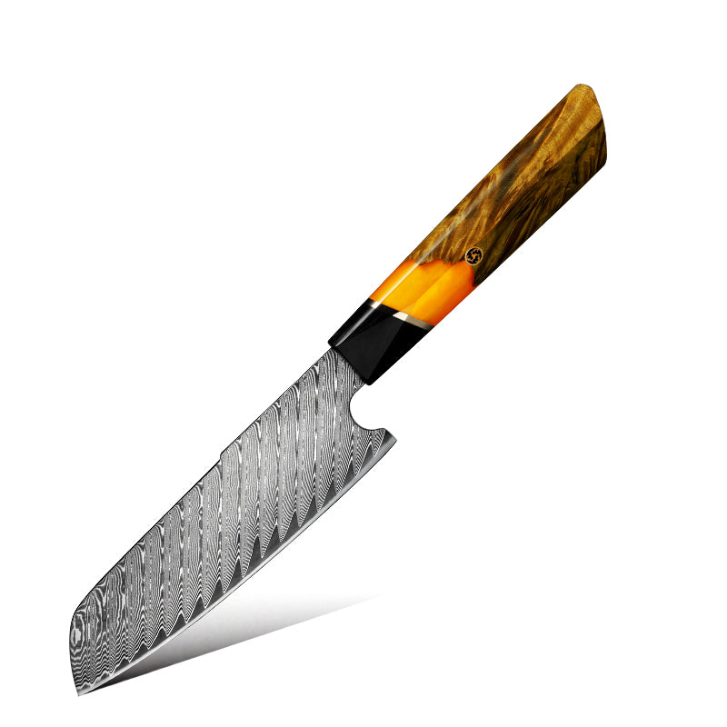 Fyn 5" Santoku Knife – Compact Damascus Blade with G10 & Stabilized Wood Handle