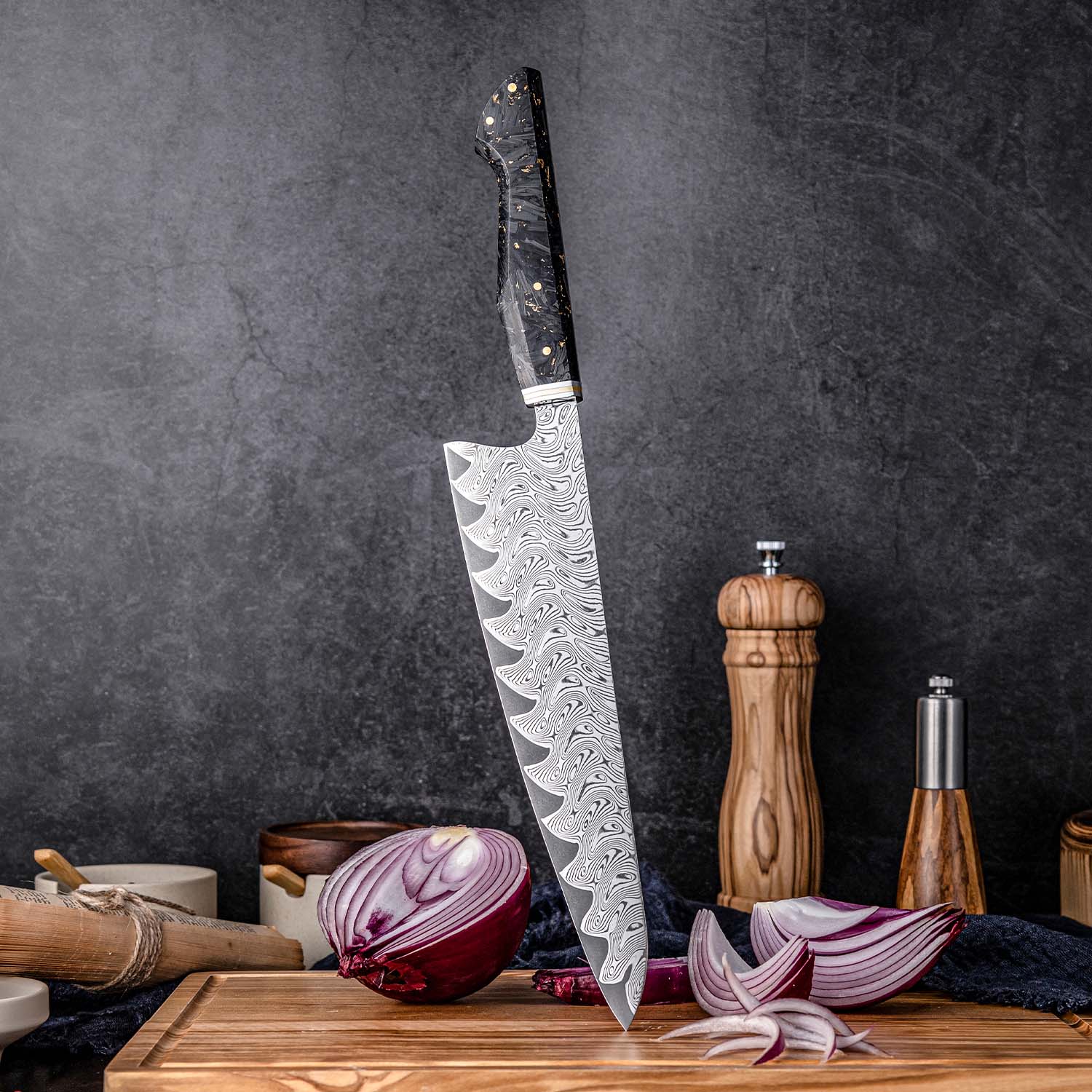 sharp Damascus knife with vegetables