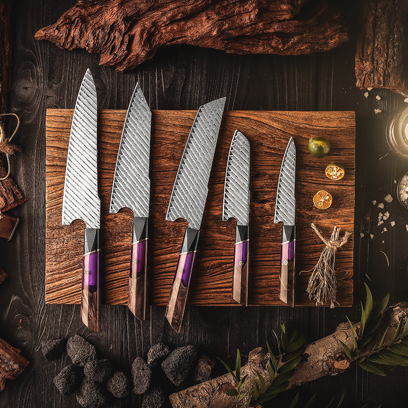 Fyn 5-Piece Acid-Finished Damascus Knife Set – Purple & Orange G10 Resin Handles
