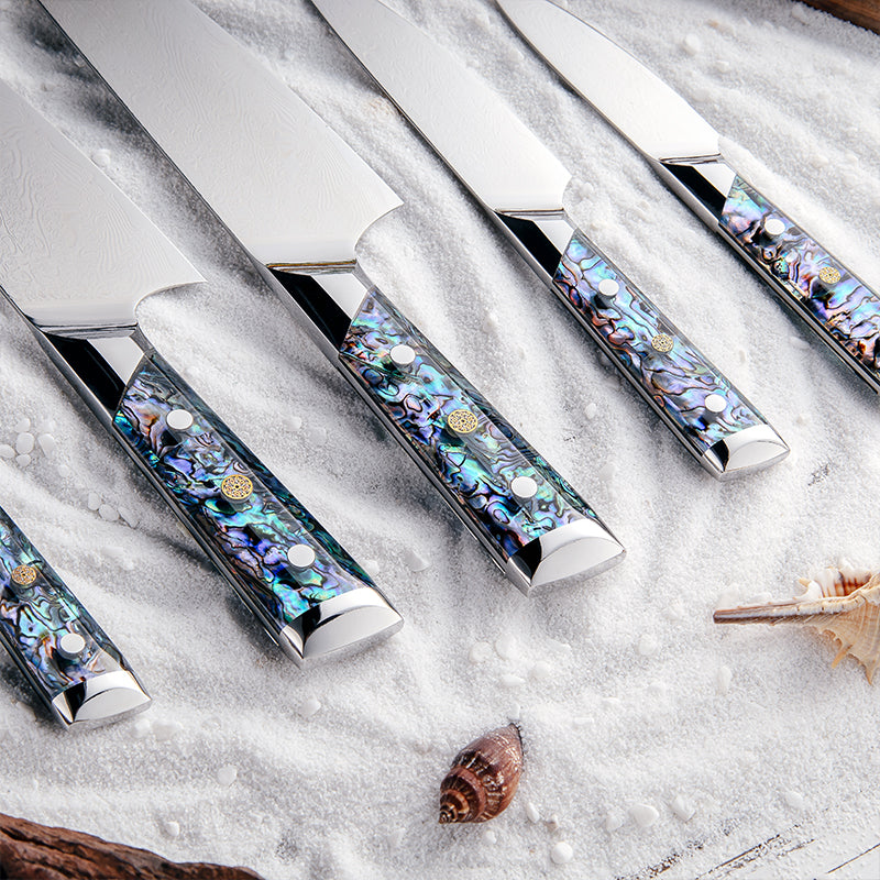 Fyn 5-Piece Damascus Knife Set – Abalone Shell Handle & Ultra-Sharp 67-Layer Blades